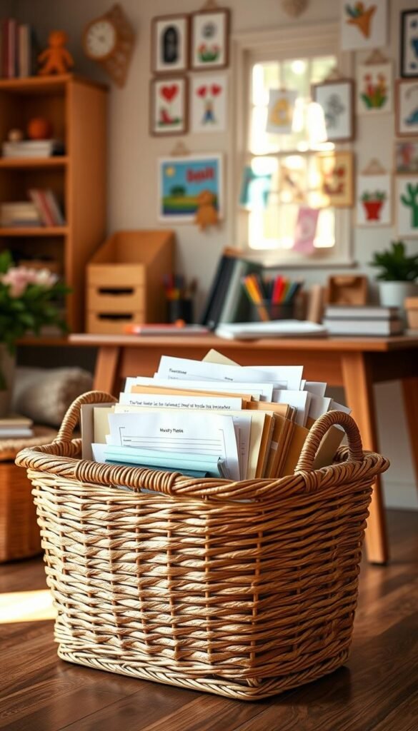 A cozy and organized school papers inbox set against a warm, inviting home environment. In the foreground, a stylish wicker basket filled with neatly stacked school papers, kids' artwork, and permission slips, exuding an aura of charm and functionality. The middle ground features a wooden desk adorned with colorful stationery and art supplies, softly illuminated by natural light streaming through a nearby window. In the background, a cheerful wall filled with framed children's art creates an inspiring atmosphere. The overall mood is one of harmony and creativity, perfect for a family space. Capture this scene with a 50mm lens for a crisp focus and gentle bokeh effect, accentuating the warm tones that embody a Pinterest-style lifestyle. Designed for CozyTrendHub.