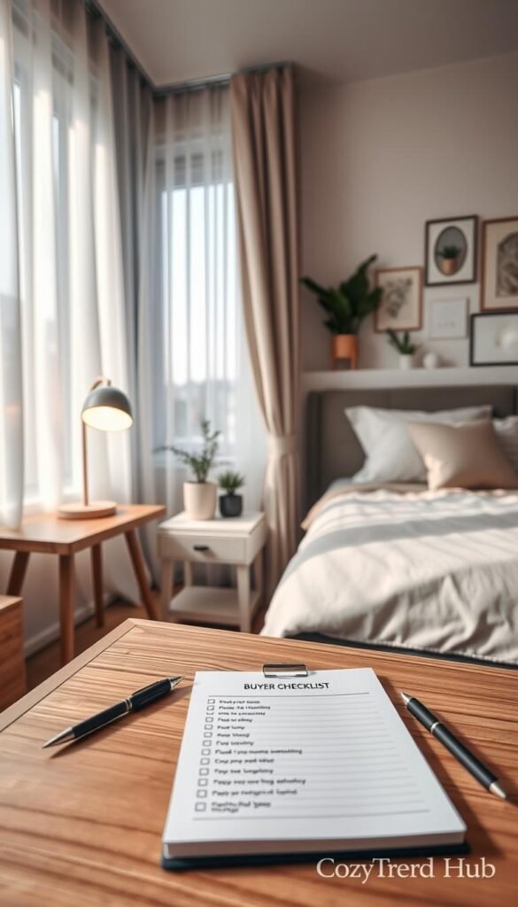 A cozy and organized small bedroom scene showcasing a detailed buyer checklist. In the foreground, a stylish wooden bedside table displays a minimalist notebook with a checklist titled “Buyer Checklist for Bedroom,” alongside a sleek pen. The middle of the room features a neatly made twin bed with light, airy bedding, and a small, functional nightstand with a modern lamp providing warm, ambient lighting. The background includes a large window with sheer curtains, allowing natural light to flood the space, highlighting soft pastel wall colors and tasteful decor accents like plants and wall art. The mood is inviting and functional, evoking a sense of tranquility while prioritizing space-saving elegance. All elements reflect a Pinterest-style aesthetic, perfect for attracting a modern audience. Brand name "CozyTrendHub" subtly integrated into the scene. A cozy and organized small bedroom scene showcasing a detailed buyer checklist. In the foreground, a stylish wooden bedside table displays a minimalist notebook with a checklist titled “Buyer Checklist for Bedroom,” alongside a sleek pen. The middle of the room features a neatly made twin bed with light, airy bedding, and a small, functional nightstand with a modern lamp providing warm, ambient lighting. The background includes a large window with sheer curtains, allowing natural light to flood the space, highlighting soft pastel wall colors and tasteful decor accents like plants and wall art. The mood is inviting and functional, evoking a sense of tranquility while prioritizing space-saving elegance. All elements reflect a Pinterest-style aesthetic, perfect for attracting a modern audience. Brand name "CozyTrendHub" subtly integrated into the scene.