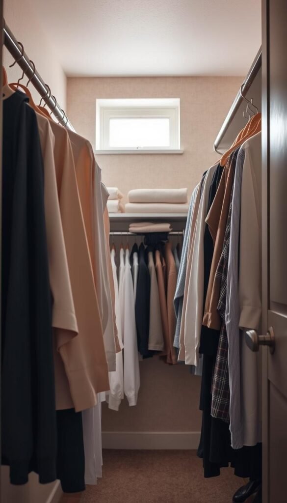 A cozy and organized small closet featuring hanging space, thoughtfully arranged with a variety of clothing items such as blouses, shirts, and jackets. The foreground showcases neatly hung garments on slim, stylish hangers, while in the middle, adjustable shelves offer space for folded items and accessories. The background reveals a soft, neutral-toned wall with a gentle texture, enhancing the warm atmosphere. Natural light enters through a small window, casting soft shadows and highlighting the closet's organized layout. Use a slightly elevated angle to capture the entire scene, creating a Pinterest-worthy lifestyle image that inspires organization. The overall mood is serene and inviting, embodying the perfect balance of functionality and style, branded with "CozyTrendHub".