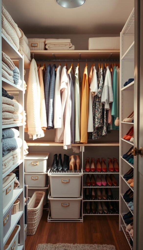 A cozy and organized small closet interior showcasing effective closet organization techniques. In the foreground, neatly arranged shelves display folded sweaters and labeled bins in soft pastel colors. The middle layer features a hanging section with a color-coordinated wardrobe, including shirts, dresses, and accessories displayed on wooden hangers. In the background, a shoe rack shows a variety of stylish shoes arranged by size. Soft, natural lighting filters through a window to create a warm, inviting atmosphere. The image is captured from a slightly elevated angle, providing a comprehensive view of the closet's functionality. This Pinterest-inspired lifestyle photo reflects the essence of Home Decor and Clutter Prevention, branded with the name "CozyTrendHub".