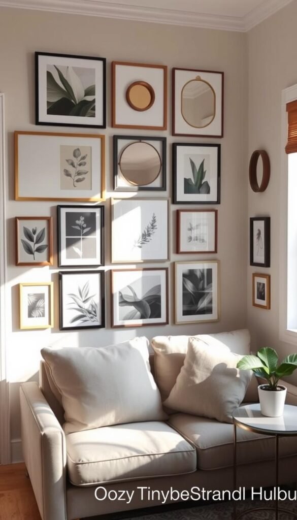 A cozy and stylish gallery wall set up in a small living room, featuring a harmonious arrangement of framed art pieces, photographs, and decorative mirrors. The foreground displays a mix of abstract art, botanical prints, and black-and-white photography, each subtly varying in size for visual interest. In the middle ground, include a stylish low-profile sofa with plush cushions, situated against the gallery wall, enhancing the space's warmth. The background features soft, natural light streaming through a nearby window, casting gentle shadows and creating an inviting atmosphere. Include neutral-colored paint on the walls to emphasize the artwork and a small potted plant on a side table for a touch of greenery. The overall mood is chic and inspiring, perfect for small spaces. Image styled like a Pinterest home decor photo, branded with "CozyTrendHub".