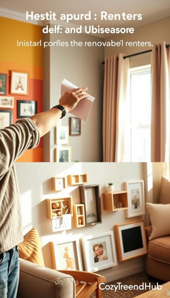 A cozy and stylish living room scene featuring a person in modest casual clothing demonstrating how to install and remove renter-friendly wall decor. In the foreground, a hand is shown applying peel-and-stick wall art along a colorful accent wall. The middle ground highlights a selection of aesthetically pleasing wall decor options, such as removable shelves and picture frames. The background includes a well-lit window providing natural light, with soft, neutral-colored drapes framing it. The atmosphere is cheerful and inviting, showcasing a modern, clutter-free environment ideal for renters. Warm lighting enhances the inviting vibe, emphasizing the theme of easy installation and removal. The photo embodies the essence of "CozyTrendHub," appealing to those seeking a stylish yet transient home decor solution. A cozy and stylish living room scene featuring a person in modest casual clothing demonstrating how to install and remove renter-friendly wall decor. In the foreground, a hand is shown applying peel-and-stick wall art along a colorful accent wall. The middle ground highlights a selection of aesthetically pleasing wall decor options, such as removable shelves and picture frames. The background includes a well-lit window providing natural light, with soft, neutral-colored drapes framing it. The atmosphere is cheerful and inviting, showcasing a modern, clutter-free environment ideal for renters. Warm lighting enhances the inviting vibe, emphasizing the theme of easy installation and removal. The photo embodies the essence of "CozyTrendHub," appealing to those seeking a stylish yet transient home decor solution.