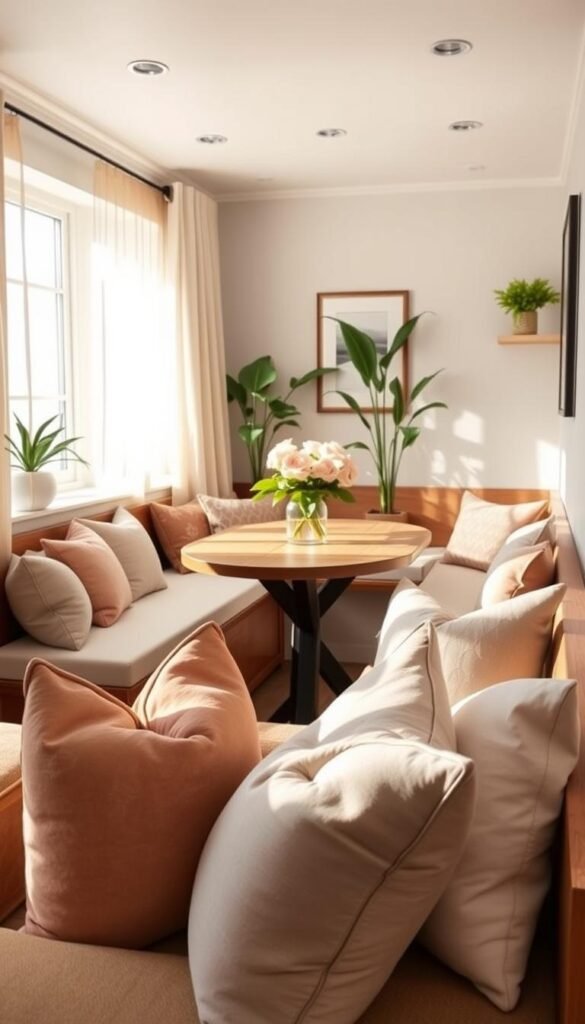 A cozy and stylish small living area featuring a built-in banquette with plush cushions, complemented by wooden benches and a charming window seat, creating a perfect space-saving seating arrangement. The foreground highlights elegant throw pillows in soft pastel colors. In the middle ground, a wooden dining table with fresh flowers adds warmth and personality. The background features a sunlit window draped with sheer curtains, casting a soft, inviting glow on the scene. Soft shadows enhance the comfortable atmosphere. This Pinterest-style lifestyle image embodies modern decor, suitable for small spaces, adorned with houseplants and artful decor accents. Capture this inviting scene with a warm, natural light setting, using a wide-angle lens to emphasize the openness and functionality of the space. CozyTrendHub. A cozy and stylish small living area featuring a built-in banquette with plush cushions, complemented by wooden benches and a charming window seat, creating a perfect space-saving seating arrangement. The foreground highlights elegant throw pillows in soft pastel colors. In the middle ground, a wooden dining table with fresh flowers adds warmth and personality. The background features a sunlit window draped with sheer curtains, casting a soft, inviting glow on the scene. Soft shadows enhance the comfortable atmosphere. This Pinterest-style lifestyle image embodies modern decor, suitable for small spaces, adorned with houseplants and artful decor accents. Capture this inviting scene with a warm, natural light setting, using a wide-angle lens to emphasize the openness and functionality of the space. CozyTrendHub.