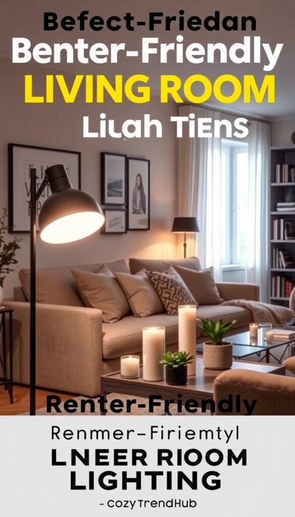 A cozy and well-lit living room designed for small spaces and renters, featuring stylish renter-friendly lighting options. In the foreground, a chic floor lamp with a soft, warm glow illuminates a small coffee table adorned with decorative candles and a potted plant. In the middle, a comfortable sofa upholstered in neutral tones is complemented by plush throw pillows and a soft throw blanket. The background showcases a well-decorated wall with tasteful art and a bookshelf lined with books and decor items. Natural light filters in through a window adorned with light curtains, creating a warm and inviting atmosphere. This Pinterest-style image reflects the essence of modern, budget-friendly living room lighting, branded "CozyTrendHub."
