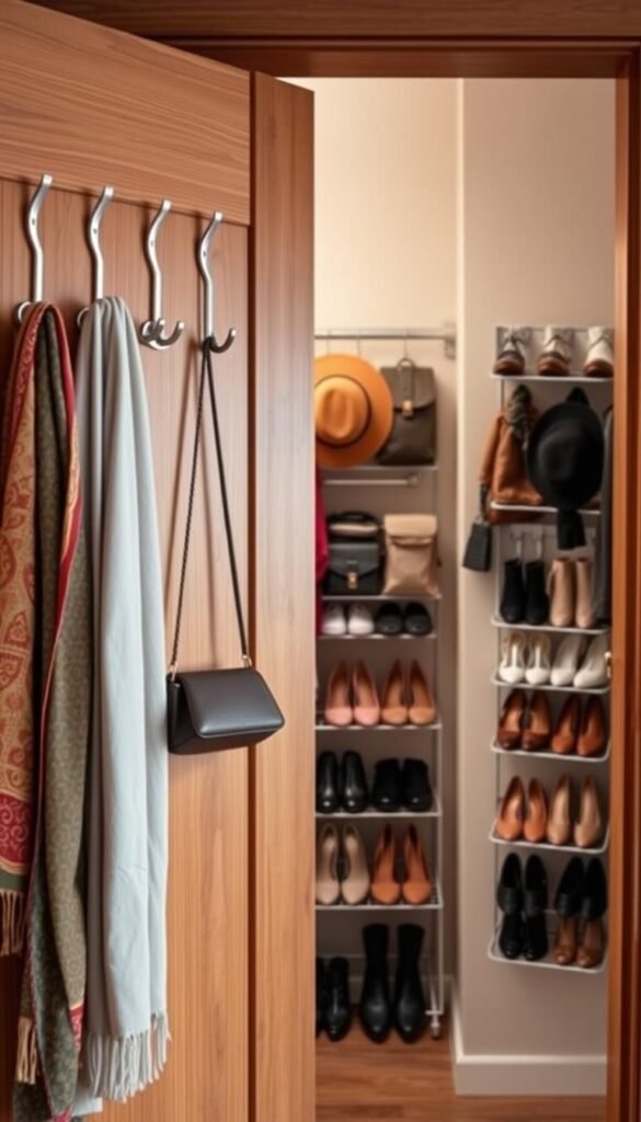 A cozy and well-organized closet scene featuring a variety of stylish hooks and an over-the-door organizer. In the foreground, showcase an elegant wooden door with multiple sleek metal hooks displaying colorful scarves, handbags, and hats. The middle ground includes a functional over-the-door organizer filled with neatly arranged shoes and accessories, enhancing the feeling of efficiency. The background presents soft, diffused lighting that creates a warm, inviting atmosphere, highlighting the textures of fabric and wood. Use a slightly angled perspective to emphasize the depth of the closet space and the clever use of vertical storage. This Pinterest-worthy lifestyle image embodies modern home decor principles and reflects the aesthetic style of CozyTrendHub.
