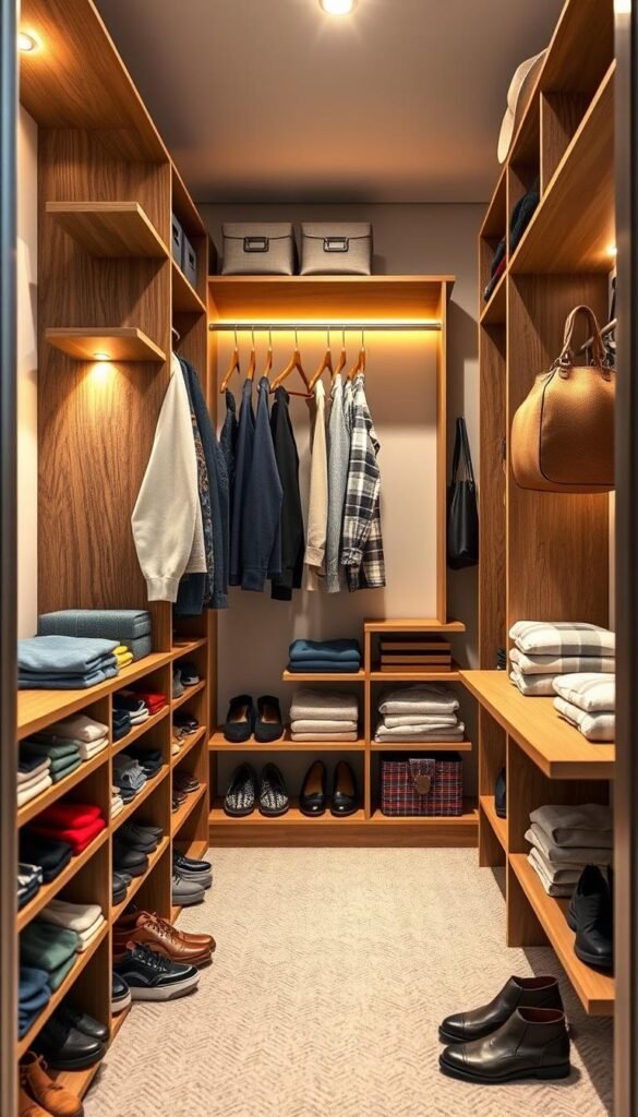 A cozy and well-organized narrow closet, designed for maximum vertical space efficiency, featuring stylish wooden shelves and modern storage bins. In the foreground, neatly arranged shoes and folded clothes create a colorful and organized appearance. The middle section shows adjustable shelving with space-saving hangers for clothing, gently lit by soft, warm lighting that enhances the inviting atmosphere. In the background, a minimalist design with elegant hooks displays accessories like bags and hats, emphasizing verticality. The image captures a serene and practical ambiance, perfect for small spaces, styled in a Pinterest-inspired aesthetic. The brand "CozyTrendHub" subtly incorporated into the decor elements enhances the homey feel.