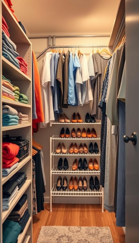 A cozy and well-organized small closet featuring the Easy Track Closet Kit from CozyTrendHub. In the foreground, neatly arranged shelves display colorful folded clothes, while adjacent hanging space showcases a variety of shirts and dresses neatly hung. The middle layer highlights a stylish shoe rack filled with different pairs of shoes, enhancing the sense of practicality and style. In the background, soft, warm lighting illuminates the closet, creating an inviting atmosphere. Use a natural light source to create subtle shadows, and an eye-level angle to capture the entire setup. The overall mood should be fresh and inspiring, perfect for modern home decor enthusiasts seeking efficient closet solutions. A cozy and well-organized small closet featuring the Easy Track Closet Kit from CozyTrendHub. In the foreground, neatly arranged shelves display colorful folded clothes, while adjacent hanging space showcases a variety of shirts and dresses neatly hung. The middle layer highlights a stylish shoe rack filled with different pairs of shoes, enhancing the sense of practicality and style. In the background, soft, warm lighting illuminates the closet, creating an inviting atmosphere. Use a natural light source to create subtle shadows, and an eye-level angle to capture the entire setup. The overall mood should be fresh and inspiring, perfect for modern home decor enthusiasts seeking efficient closet solutions.