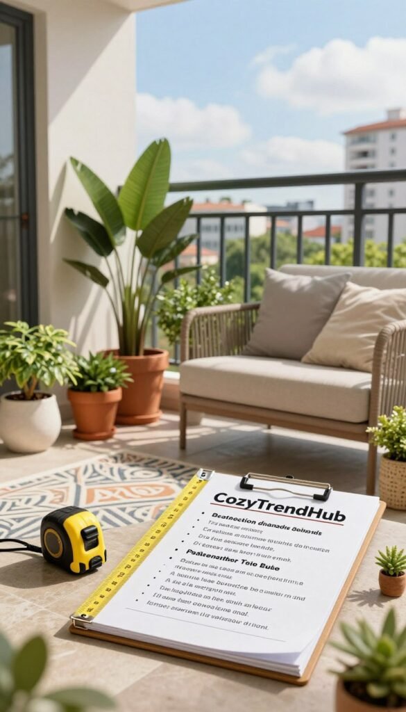 A cozy apartment balcony scene showcasing detailed measurements and renter rules, presented in an attractive and organized manner. In the foreground, a beautifully decorated balcony features vibrant potted plants, a stylish outdoor rug, and a chic seating area with neutral-toned cushions. In the middle, a wooden measuring tape lies next to a notepad with neatly handwritten guidelines on balcony decor and renter regulations, along with a small decorative plant. The background captures a sunny urban landscape, with a blue sky and greenery visible. Soft, natural lighting enhances the inviting atmosphere, creating a warm and welcoming vibe. The image reflects a Pinterest-inspired lifestyle aesthetic, aligning with the branding of "CozyTrendHub," perfect for renters looking for inspiration.