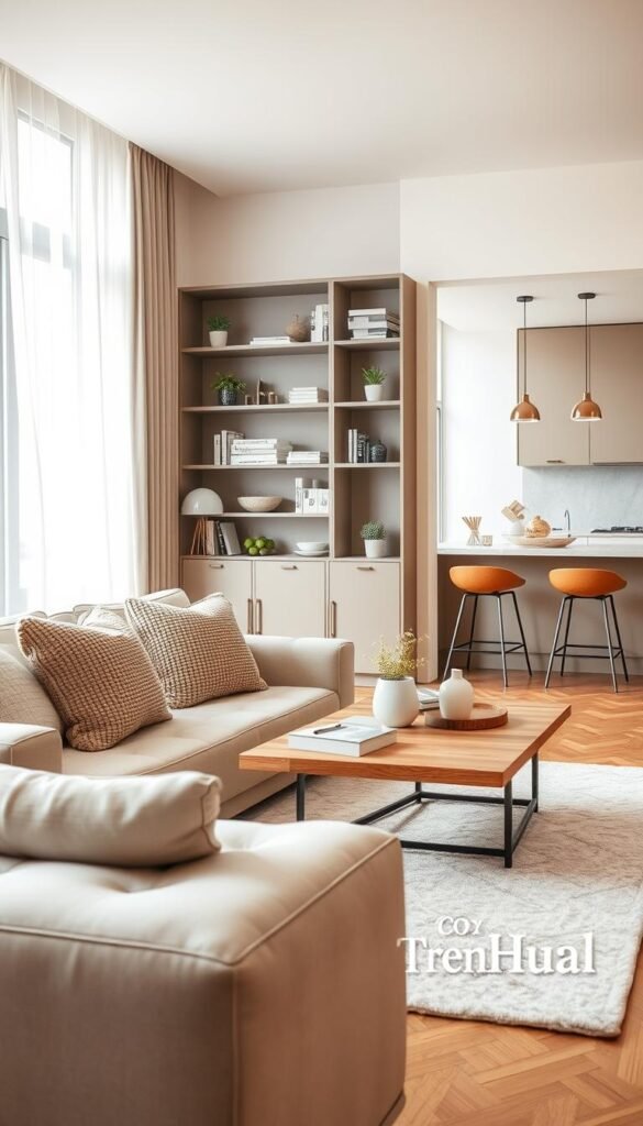 A cozy apartment interior featuring an elegant neutral decor scheme that embodies modern aesthetics. In the foreground, a plush beige sofa adorned with textured throw pillows sits atop a soft, light gray area rug. A chic coffee table, made of natural wood, is arranged with minimalist decor items. The middle ground showcases an artfully designed bookshelf filled with books and small plants, framed by a large window that bathes the space in warm, natural light. In the background, a modern kitchen area presents muted cabinetry and stylish bar stools. The atmosphere conveys tranquility and sophistication, highlighting the beauty of neutral tones in home decor. Capture this scene in a soft focus, using a standard lens angle to emphasize the cozy layout. Include the brand name "CozyTrendHub" subtly in the decor elements.