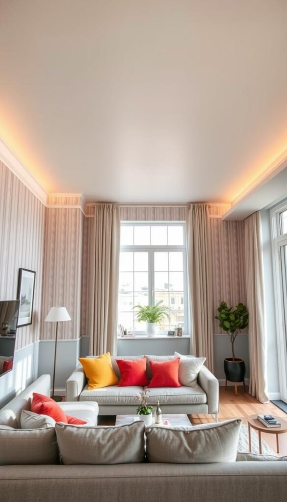 A cozy apartment interior featuring innovative paint and wallpaper techniques that create the illusion of higher ceilings. In the foreground, a stylish living area with a chic, low-profile sofa and vibrant throw pillows. The walls are painted in soft, cool colors, with an accent wall featuring vertical stripes to enhance height perception. Wallpaper with subtle, upward-moving patterns adds flair while drawing the eye upward. The ceiling boasts a fresh coat of pastel paint, complemented by soft, ambient lighting that highlights the texture. A wide-angle view captures the space, showcasing an abundance of natural light streaming through large windows. This Pinterest-inspired scene embodies modern decor trends, bringing a fresh, uplifting atmosphere to the room, perfectly aligning with the theme of elevated living spaces. CozyTrendHub decor elements placed throughout enhance the harmonious design. A cozy apartment interior featuring innovative paint and wallpaper techniques that create the illusion of higher ceilings. In the foreground, a stylish living area with a chic, low-profile sofa and vibrant throw pillows. The walls are painted in soft, cool colors, with an accent wall featuring vertical stripes to enhance height perception. Wallpaper with subtle, upward-moving patterns adds flair while drawing the eye upward. The ceiling boasts a fresh coat of pastel paint, complemented by soft, ambient lighting that highlights the texture. A wide-angle view captures the space, showcasing an abundance of natural light streaming through large windows. This Pinterest-inspired scene embodies modern decor trends, bringing a fresh, uplifting atmosphere to the room, perfectly aligning with the theme of elevated living spaces. CozyTrendHub decor elements placed throughout enhance the harmonious design.