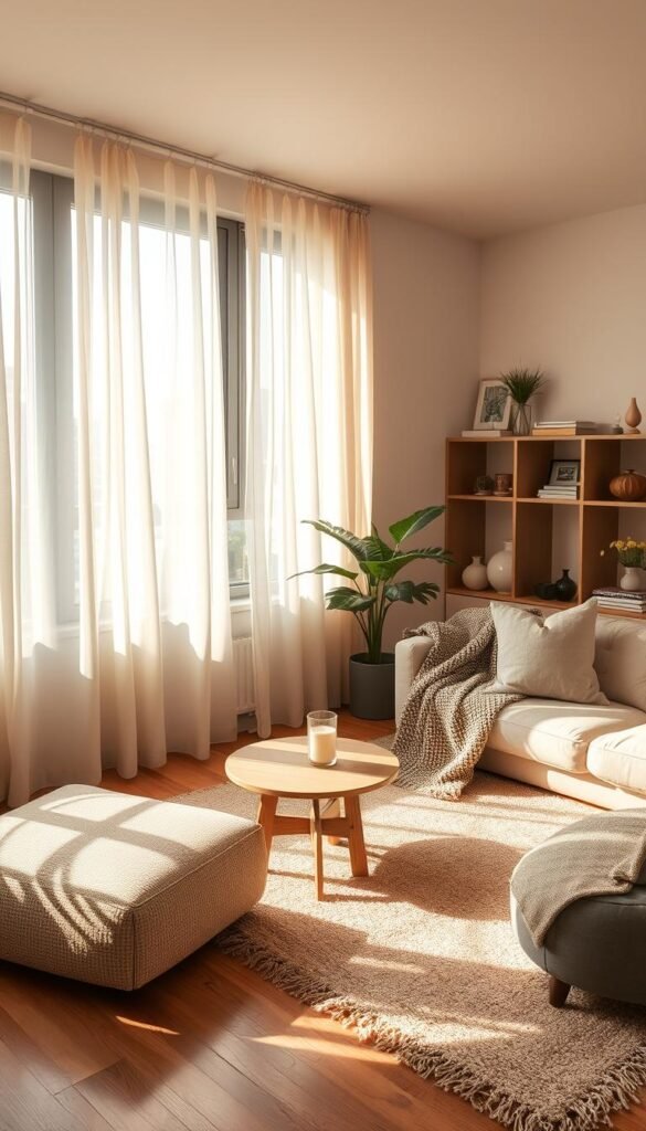 A cozy apartment room featuring large windows adorned with soft, flowing sheer draperies that filter warm sunlight, casting gentle shadows across the space. In the foreground, a plush, inviting sofa with neutral-toned cushions and a textured throw blanket, alongside a small wooden coffee table adorned with a green plant and a stylish candle. In the middle, a chic rug adds warmth to the hardwood floor, complementing the earthy color palette. The background showcases shelves with carefully curated decor items and books, enhancing the inviting atmosphere. The overall lighting is soft and warm, creating a serene, stylish vibe perfect for a Pinterest-style lifestyle photo. This image embodies the essence of 'CozyTrendHub' decor, focusing on comfort and a finished, elegant look.