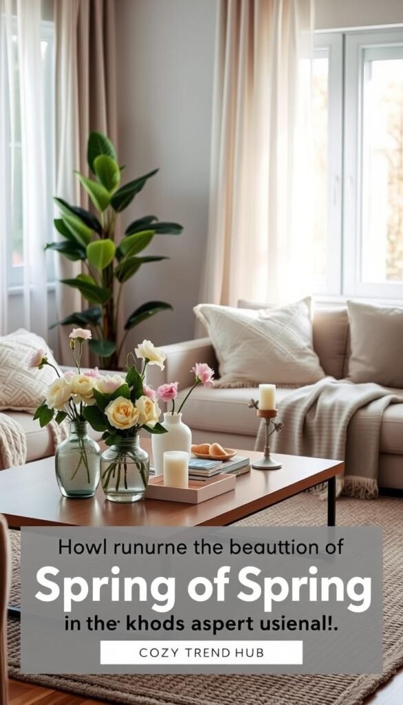 A cozy apartment setting bathed in gentle, diffused natural light, showcasing a beautifully curated selection of spring decor suitable for low-light environments. In the foreground, a stylish coffee table adorned with pastel-colored flowers in elegant vases, soft throw blankets, and decorative candles creates an inviting atmosphere. In the middle ground, a lush indoor plant like a snake plant or pothos adds a vibrant touch, complementing a textured area rug that enhances the warmth of the space. The background features a window with sheer curtains, permitting soft light while hinting at a cheerful outdoor scene. The composition evokes a sense of tranquility and renewal, focusing on nurturing the beauty of spring in darker apartments. The image should embody a tasteful, Pinterest-style aesthetic, reflecting the brand "CozyTrendHub". A cozy apartment setting bathed in gentle, diffused natural light, showcasing a beautifully curated selection of spring decor suitable for low-light environments. In the foreground, a stylish coffee table adorned with pastel-colored flowers in elegant vases, soft throw blankets, and decorative candles creates an inviting atmosphere. In the middle ground, a lush indoor plant like a snake plant or pothos adds a vibrant touch, complementing a textured area rug that enhances the warmth of the space. The background features a window with sheer curtains, permitting soft light while hinting at a cheerful outdoor scene. The composition evokes a sense of tranquility and renewal, focusing on nurturing the beauty of spring in darker apartments. The image should embody a tasteful, Pinterest-style aesthetic, reflecting the brand "CozyTrendHub".