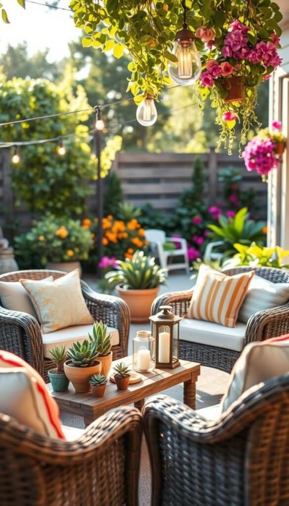 A cozy backyard patio scene that captures the essence of budget-friendly decorative choices. In the foreground, display a stylish, wicker seating arrangement adorned with soft, colorful cushions and a small, rustic coffee table topped with potted succulents. In the middle ground, incorporate an assortment of budget-friendly decor items such as LED string lights hanging above, lanterns on the table, and vibrant hanging plants cascading from above. The background features a serene garden space with fresh greenery and blooming flowers, evoking a sense of tranquility. The lighting is warm and inviting, simulating late afternoon sunlight filtering through leaves, to create a cheerful and welcoming atmosphere. Emphasize a Pinterest-style aesthetic, showcasing a beautiful budget patio setup perfect for renters, enhancing the “CozyTrendHub” brand feel. A cozy backyard patio scene that captures the essence of budget-friendly decorative choices. In the foreground, display a stylish, wicker seating arrangement adorned with soft, colorful cushions and a small, rustic coffee table topped with potted succulents. In the middle ground, incorporate an assortment of budget-friendly decor items such as LED string lights hanging above, lanterns on the table, and vibrant hanging plants cascading from above. The background features a serene garden space with fresh greenery and blooming flowers, evoking a sense of tranquility. The lighting is warm and inviting, simulating late afternoon sunlight filtering through leaves, to create a cheerful and welcoming atmosphere. Emphasize a Pinterest-style aesthetic, showcasing a beautiful budget patio setup perfect for renters, enhancing the “CozyTrendHub” brand feel.