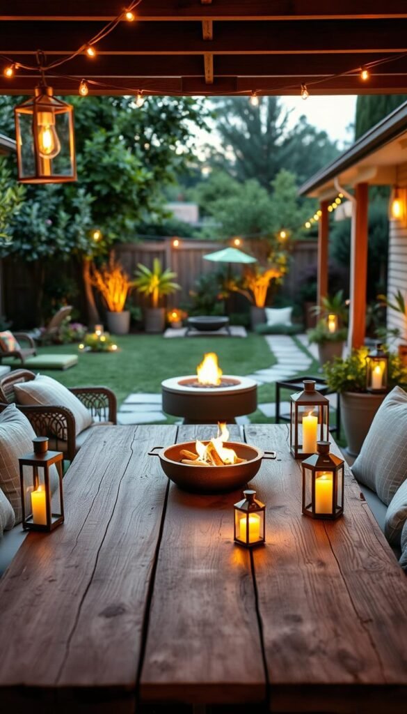 A cozy backyard patio setup during a warm summer evening, designed for entertaining. The foreground features a rustic wooden table adorned with elegant string lights and soft glowing lanterns, surrounded by comfortable, modest outdoor seating. In the middle, a small outdoor fire pit flickers warmly, enhancing the inviting atmosphere. The background showcases lush greenery and a well-manicured garden, softly illuminated by subtle solar lights along the pathway. The scene captures a peaceful mood, with dusk settling in, golden hour lighting casting a warm glow over the setting. The photo should have a shallow depth of field to focus on the table and seating area while maintaining the overall ambiance. This lifestyle image should reflect the brand "CozyTrendHub" for a Pinterest-style aesthetic. A cozy backyard patio setup during a warm summer evening, designed for entertaining. The foreground features a rustic wooden table adorned with elegant string lights and soft glowing lanterns, surrounded by comfortable, modest outdoor seating. In the middle, a small outdoor fire pit flickers warmly, enhancing the inviting atmosphere. The background showcases lush greenery and a well-manicured garden, softly illuminated by subtle solar lights along the pathway. The scene captures a peaceful mood, with dusk settling in, golden hour lighting casting a warm glow over the setting. The photo should have a shallow depth of field to focus on the table and seating area while maintaining the overall ambiance. This lifestyle image should reflect the brand "CozyTrendHub" for a Pinterest-style aesthetic.