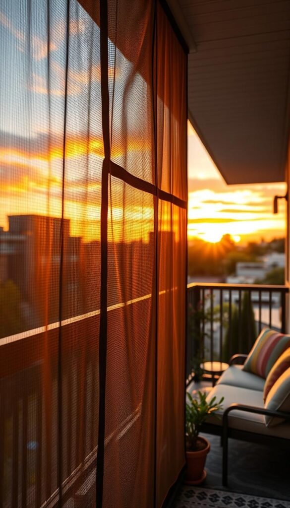 A cozy balcony adorned with a stylish bug control screen, seamlessly blending aesthetics and functionality. In the foreground, a beautifully crafted, semi-transparent mesh screen catches the soft golden light of a summer evening, creating a serene atmosphere. Just beyond the screen, a chic outdoor seating area with lush, potted plants and colorful throw pillows invites relaxation. In the background, a vibrant sunset casts warm hues across the sky, enhancing the peaceful vibe. The scene is captured with a warm color palette in natural lighting, using a soft-focus lens to emphasize the inviting ambiance. The overall mood is tranquil and inviting, perfect for enjoying summer evenings without bothersome insects. This image reflects the ethos of CozyTrendHub, showcasing stylish yet practical balcony decor ideas. A cozy balcony adorned with a stylish bug control screen, seamlessly blending aesthetics and functionality. In the foreground, a beautifully crafted, semi-transparent mesh screen catches the soft golden light of a summer evening, creating a serene atmosphere. Just beyond the screen, a chic outdoor seating area with lush, potted plants and colorful throw pillows invites relaxation. In the background, a vibrant sunset casts warm hues across the sky, enhancing the peaceful vibe. The scene is captured with a warm color palette in natural lighting, using a soft-focus lens to emphasize the inviting ambiance. The overall mood is tranquil and inviting, perfect for enjoying summer evenings without bothersome insects. This image reflects the ethos of CozyTrendHub, showcasing stylish yet practical balcony decor ideas.