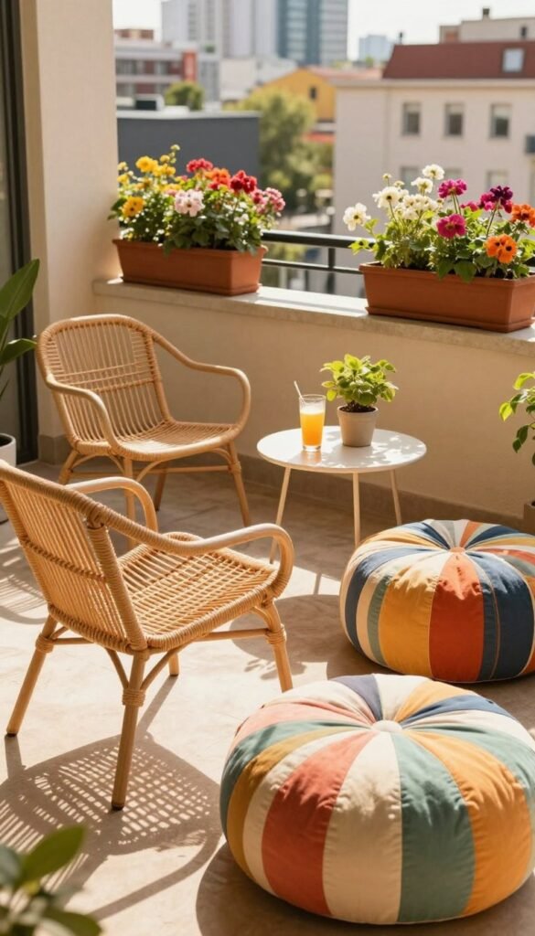 A cozy balcony adorned with lightweight chairs, poufs, and compact lounge pieces, thoughtfully arranged to create an inviting outdoor seating area. The foreground features a pair of stylish, minimalist chairs made from rattan, paired with a plush, colorful pouf. In the middle, a small round table holds a refreshing drink and a potted plant, enhancing the summer vibe. The background showcases a vibrant cityscape with blooming flowers in window boxes, bathed in warm, golden sunlight. Soft shadows dance across the space, giving a relaxed, welcoming atmosphere. The angle is slightly elevated, capturing the entire setup with a focus on comfort and style, reminiscent of a Pinterest-style lifestyle photo curated by CozyTrendHub.