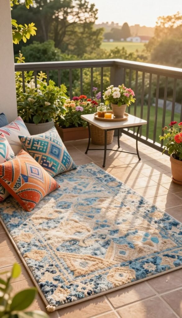 A cozy balcony adorned with outdoor rugs and deck tiles, creating a soft foundation for summer decor. In the foreground, a plush, textured outdoor rug in soft hues of blue and beige, paired with a couple of colorful, patterned cushions on a stylish seating area. The middle features elegant deck tiles, arranged neatly under a small bistro table set for two, decorated with a blooming potted plant and a tray with refreshments. In the background, a lush garden view with bright green foliage and vibrant flowers, illuminated by warm, golden hour sunlight, casting gentle shadows. The scene conveys a relaxed, inviting atmosphere, reminiscent of summer evenings. Shot with a warm lens from a slight angle to emphasize the intimate decor details. Perfect for a Pinterest-style lifestyle image by CozyTrendHub.