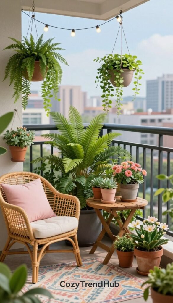 A cozy balcony adorned with vibrant greenery, showcasing various potted plants like ferns, succulents, and blooming flowers, arranged artfully on a small wooden table. In the foreground, a rustic wicker chair with a pastel cushion invites relaxation, while a string of soft fairy lights glimmers warmly. In the middle ground, hanging planters overflowing with trailing vines add lush depth, and a patterned outdoor rug creates a cheerful ambiance. The background features a city skyline under a clear blue sky, enhancing the sense of an urban oasis. The lighting is soft and natural, evoking a bright spring afternoon, promoting a serene and inviting mood. Realistic style, Pinterest-inspired, lifestyle aesthetic, branded with "CozyTrendHub".