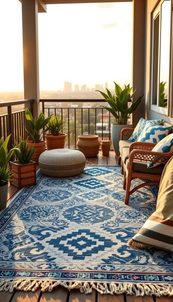 A cozy balcony adorned with vibrant outdoor rugs that showcase intricate patterns and textures, resisting the gusty winds. In the foreground, a beautifully arranged rug with durable, weather-resistant fabric, featuring blue and white geometric designs, is offset by potted greenery and stylish outdoor cushions. In the middle ground, tasteful accessories such as a woven basket and a sturdy table are strategically placed, complementing the overall decor. The background reveals a serene skyline, softly illuminated by golden hour sunlight, enhancing the inviting atmosphere. High-resolution, natural lighting captures the scene with a peaceful vibe, evoking a perfect outdoor retreat. Styled for Pinterest aesthetics, this image embodies the essence of CozyTrendHub, showcasing chic, functional decor for windy balconies.