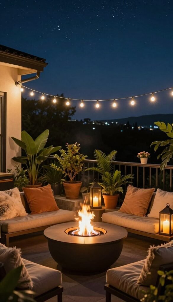 A cozy balcony at night, beautifully decorated for an extended summer season. In the foreground, a stylish, modern fire pit casts a warm glow, surrounded by plush outdoor seating with fluffy cushions in earth tones. Flickering candle lanterns add an inviting ambiance. The middle layer features hanging string lights above, creating a festive atmosphere. In the background, lush greenery and potted plants enhance the vibrant yet tranquil vibe, with the stars twinkling in the deep blue night sky. Capture the image from a slightly elevated angle to show the entire balcony setup, focusing on the warmth and comfort, emphasizing the idea of all-season enjoyment. The scene embodies the essence of "CozyTrendHub," perfect for a Pinterest-style lifestyle photo.