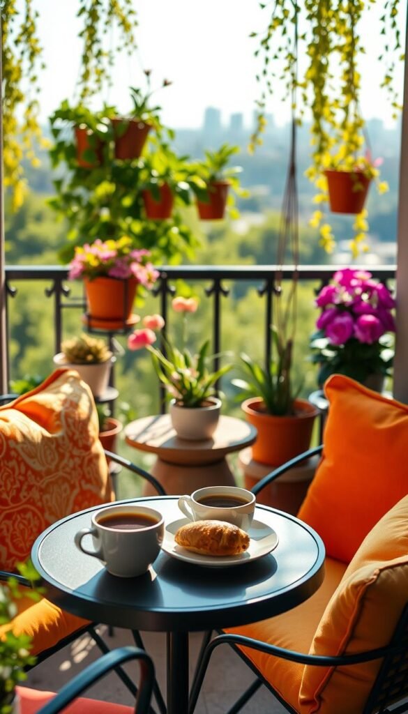 A cozy balcony coffee spot bathed in soft morning sunlight, featuring a small round table with elegant, potted flowers and two comfortable chairs adorned with bright, colorful cushions. In the foreground, steaming cups of coffee sit invitingly on the table, with a delicate pastry on a white plate. The middle layer showcases a lush green backdrop of potted plants and hanging greenery, creating a vibrant and refreshing atmosphere. In the background, a distant view of a city skyline or serene nature adds depth to the scene. The lighting is warm and inviting, capturing a sense of springtime tranquility. This Pinterest-style lifestyle image seamlessly aligns with the aesthetic of CozyTrendHub, evoking feelings of relaxation and outdoor enjoyment.