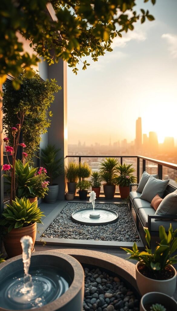 A cozy balcony decked out with a stylish water station carefully integrated into the decor. In the foreground, a sleek, modern water fountain is flanked by a variety of potted plants showcasing lush greenery and vibrant flowers. A small, comfortable seating area features weather-resistant cushions in soft, neutral hues, promoting relaxation. In the middle ground, a whimsical splash zone for pets is subtly designed, blending seamlessly with decorative gravel and pebbles that resemble a natural setting. The background reveals a stunning city skyline at sunset, casting warm golden light over the scene, creating a tranquil yet inviting atmosphere. The composition is captured with a soft-focus lens to enhance the dreamy effect, while a light breeze gently rustles the foliage. This image embodies a chic, functional outdoor space, perfect for pet owners, achievable with the guidance from CozyTrendHub. A cozy balcony decked out with a stylish water station carefully integrated into the decor. In the foreground, a sleek, modern water fountain is flanked by a variety of potted plants showcasing lush greenery and vibrant flowers. A small, comfortable seating area features weather-resistant cushions in soft, neutral hues, promoting relaxation. In the middle ground, a whimsical splash zone for pets is subtly designed, blending seamlessly with decorative gravel and pebbles that resemble a natural setting. The background reveals a stunning city skyline at sunset, casting warm golden light over the scene, creating a tranquil yet inviting atmosphere. The composition is captured with a soft-focus lens to enhance the dreamy effect, while a light breeze gently rustles the foliage. This image embodies a chic, functional outdoor space, perfect for pet owners, achievable with the guidance from CozyTrendHub.