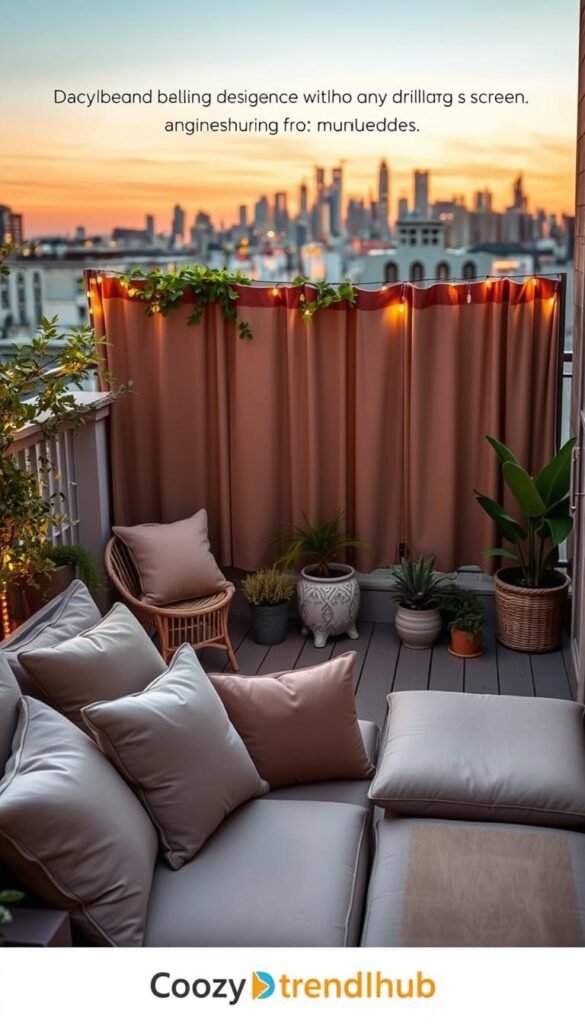 A cozy balcony designed for privacy, showcasing a beautifully arranged outdoor space without any drilling or damage. In the foreground, plush outdoor cushions in soft earth tones create a welcoming lounge area, complemented by a stylish, lightweight privacy screen adorned with greenery. In the middle, eye-catching decorative elements like potted plants and wind-resistant curtains provide shelter from neighbors and breezes while maintaining a serene atmosphere. The background features a softly illuminated city skyline at sunset, casting warm golden hues over the scene. The overall mood reflects tranquility and comfort, perfect for enjoying a peaceful evening. Capture this lifestyle photo in a realistic, Pinterest-style aesthetic, branded with "CozyTrendHub."