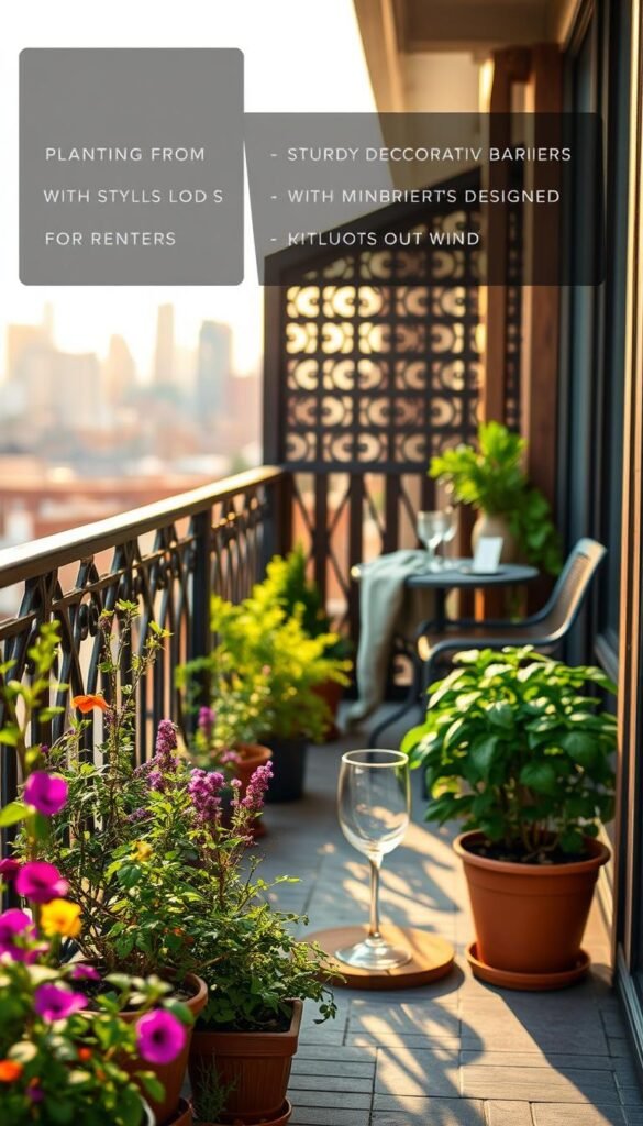 A cozy balcony environment showcasing plants protected from the wind, featuring sturdy decorative barriers designed for renters. In the foreground, vibrant potted flowers and herbs lean against a decorative wooden railing with stylish windbreaks. The middle ground displays a small, neatly arranged table with glassware and a cozy throw, hinting at an inviting atmosphere. In the background, a city skyline is softly blurred, with golden sunlight casting a warm glow on the scene. The image should capture a Pinterest-style lifestyle aesthetic, emphasizing safety and comfort in outdoor decor. Utilize soft, natural lighting, and a shallow depth of field, ensuring that the overall mood is relaxed and inviting, reflecting the brand "CozyTrendHub".