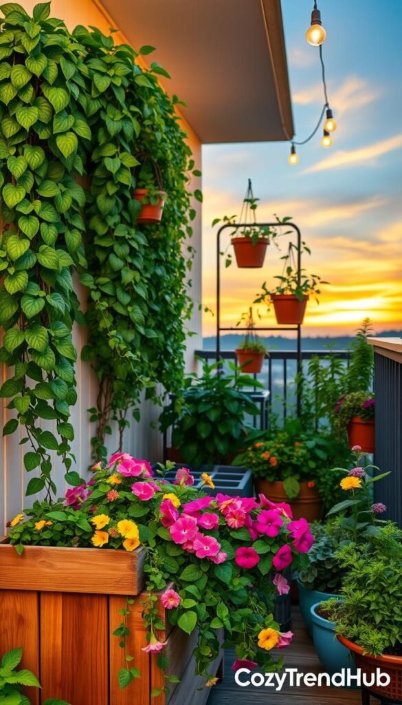 A cozy balcony scene adorned with an array of vibrant green plants, showcasing various planters featuring colorful flowers and lush foliage. In the foreground, a stylish wooden planter box overflowing with cheerful petunias and trailing vines create a welcoming atmosphere. The middle ground displays a trellis adorned with vibrant climbing ivy and delicate hanging pots filled with herbs like basil and mint. In the background, a softly lit evening sky with warm golden hues, suggesting a summer sunset, enhances the tranquility of the space. Subtle string lights twinkle overhead, casting a warm glow. The overall mood is relaxed and inviting, perfect for summer evenings spent outdoors. This image captures the essence of the article, fitting the brand "CozyTrendHub". A cozy balcony scene adorned with an array of vibrant green plants, showcasing various planters featuring colorful flowers and lush foliage. In the foreground, a stylish wooden planter box overflowing with cheerful petunias and trailing vines create a welcoming atmosphere. The middle ground displays a trellis adorned with vibrant climbing ivy and delicate hanging pots filled with herbs like basil and mint. In the background, a softly lit evening sky with warm golden hues, suggesting a summer sunset, enhances the tranquility of the space. Subtle string lights twinkle overhead, casting a warm glow. The overall mood is relaxed and inviting, perfect for summer evenings spent outdoors. This image captures the essence of the article, fitting the brand "CozyTrendHub".