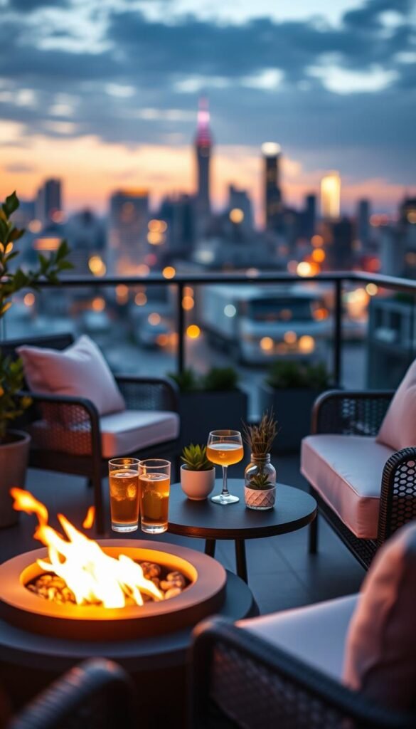 A cozy balcony scene at twilight featuring a compact fire pit table surrounded by stylish outdoor furniture. In the foreground, the fire pit glows warmly, casting soft light on a small round table adorned with two glasses of iced tea and a few decorative plants. The middle ground showcases comfortable seating with plush cushions in pastel colors, inviting for relaxation. In the background, the city skyline is softly blurred, emphasizing the urban setting without distraction. The scene is illuminated by the warm flicker of the fire, creating a serene and inviting atmosphere, perfect for summer evenings. Soft bokeh effects enhance the cozy ambiance. Designed in a Pinterest-style home decor layout to showcase the stylish options from "CozyTrendHub." A cozy balcony scene at twilight featuring a compact fire pit table surrounded by stylish outdoor furniture. In the foreground, the fire pit glows warmly, casting soft light on a small round table adorned with two glasses of iced tea and a few decorative plants. The middle ground showcases comfortable seating with plush cushions in pastel colors, inviting for relaxation. In the background, the city skyline is softly blurred, emphasizing the urban setting without distraction. The scene is illuminated by the warm flicker of the fire, creating a serene and inviting atmosphere, perfect for summer evenings. Soft bokeh effects enhance the cozy ambiance. Designed in a Pinterest-style home decor layout to showcase the stylish options from "CozyTrendHub."