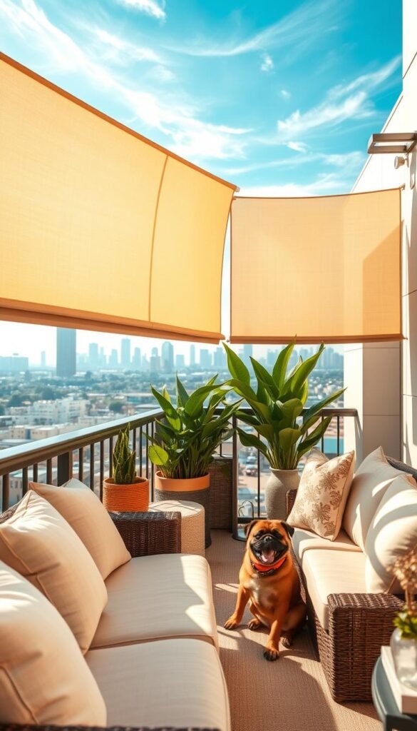 A cozy balcony scene designed for summer relaxation featuring stylish shade screens. In the foreground, a comfortable, pet-friendly seating area with plush cushions in soft, sun-faded colors. In the middle, airy, elegant shade screens providing filtered sunlight, adorned with lush green plants and decorative outdoor pillows that create a welcoming atmosphere. The background reveals a city skyline under a bright blue sky, with wispy clouds casting gentle shadows. The lighting is warm and inviting, suggesting late afternoon. A subtle depth of field emphasizes the greenery and decor while softening the background. Capture the essence of summer comfort and tranquility in this Pinterest-inspired lifestyle photo for CozyTrendHub, focusing on usability and aesthetic appeal for pets and their owners. A cozy balcony scene designed for summer relaxation featuring stylish shade screens. In the foreground, a comfortable, pet-friendly seating area with plush cushions in soft, sun-faded colors. In the middle, airy, elegant shade screens providing filtered sunlight, adorned with lush green plants and decorative outdoor pillows that create a welcoming atmosphere. The background reveals a city skyline under a bright blue sky, with wispy clouds casting gentle shadows. The lighting is warm and inviting, suggesting late afternoon. A subtle depth of field emphasizes the greenery and decor while softening the background. Capture the essence of summer comfort and tranquility in this Pinterest-inspired lifestyle photo for CozyTrendHub, focusing on usability and aesthetic appeal for pets and their owners.
