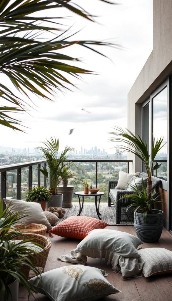 A cozy balcony scene dramatically affected by strong wind gusts, showcasing outdoor decor items such as potted plants, decorative pillows, and a small table, all being disturbed by the wind. In the foreground, scattered cushions and a toppled plant hint at the chaos caused by the gusts. The middle ground features a stylish, yet vulnerable, outdoor furniture set, with a few items being blown away, emphasizing the hazards of windy conditions. In the background, a distant city skyline is visible under a cloudy sky, enhancing the drama. Soft, natural lighting captures the movement of the leaves and fabric. The atmosphere is tense but intimate, capturing the struggle between beautiful decor and nature's force. This image reflects the brand "CozyTrendHub," illustrating the challenges of maintaining a stylish outdoor space in windy conditions.
