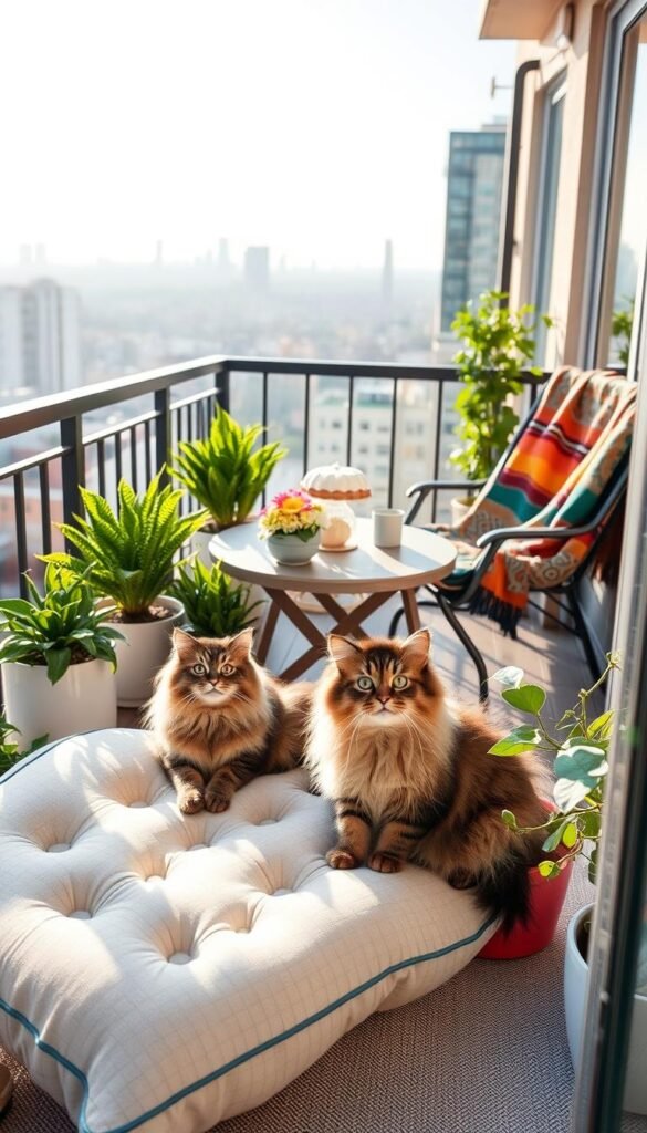 A cozy balcony scene featuring adorable cats lounging safely amidst pet-friendly decor. In the foreground, two fluffy safety cats with playful expressions are perched on a soft, patterned outdoor cushion, surrounded by lush, non-toxic plants in stylish pots. The middle ground showcases a tastefully arranged table with a few pet-chewable flowers and a colorful, woven throw blanket draped over a chair. The background features a serene cityscape with gentle sunlight streaming in, casting a warm, inviting glow over the space. The scene is framed as if shot with a wide-angle lens at a slight angle, capturing both the charm of the decor and the safety needs of pets. The overall mood is cheerful and tranquil, perfect for a pet-friendly balcony, embodying the essence of "CozyTrendHub." A cozy balcony scene featuring adorable cats lounging safely amidst pet-friendly decor. In the foreground, two fluffy safety cats with playful expressions are perched on a soft, patterned outdoor cushion, surrounded by lush, non-toxic plants in stylish pots. The middle ground showcases a tastefully arranged table with a few pet-chewable flowers and a colorful, woven throw blanket draped over a chair. The background features a serene cityscape with gentle sunlight streaming in, casting a warm, inviting glow over the space. The scene is framed as if shot with a wide-angle lens at a slight angle, capturing both the charm of the decor and the safety needs of pets. The overall mood is cheerful and tranquil, perfect for a pet-friendly balcony, embodying the essence of "CozyTrendHub."