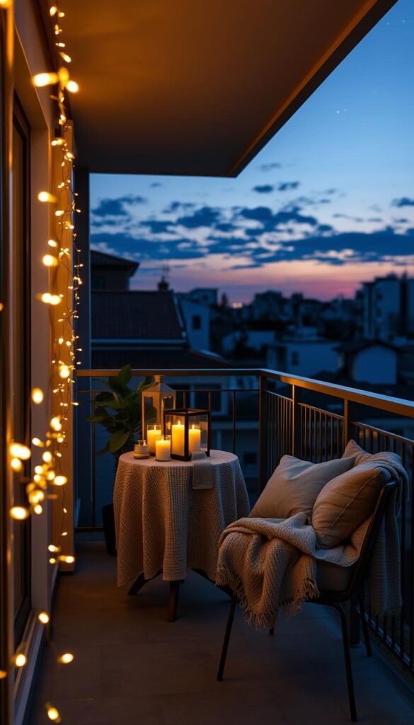 A cozy balcony scene illuminated by soft warm lights creates an inviting atmosphere for nighttime relaxation. In the foreground, elegantly arranged string lights wrap around the balcony railing, casting a gentle glow. A cluster of lanterns rests on a small round table adorned with a textured tablecloth, softly flickering with candlelight. In the middle ground, plush cushions and a light throw blanket are scattered on a comfortable outdoor chair, inviting you to sit and unwind. The background features urban silhouettes under a twilight sky, with stars beginning to appear. The scene captures the essence of a peaceful evening outdoors, with a focus on warm lighting and cozy decor, evoking a sense of charm and tranquility. Ideal for inspiration from CozyTrendHub.