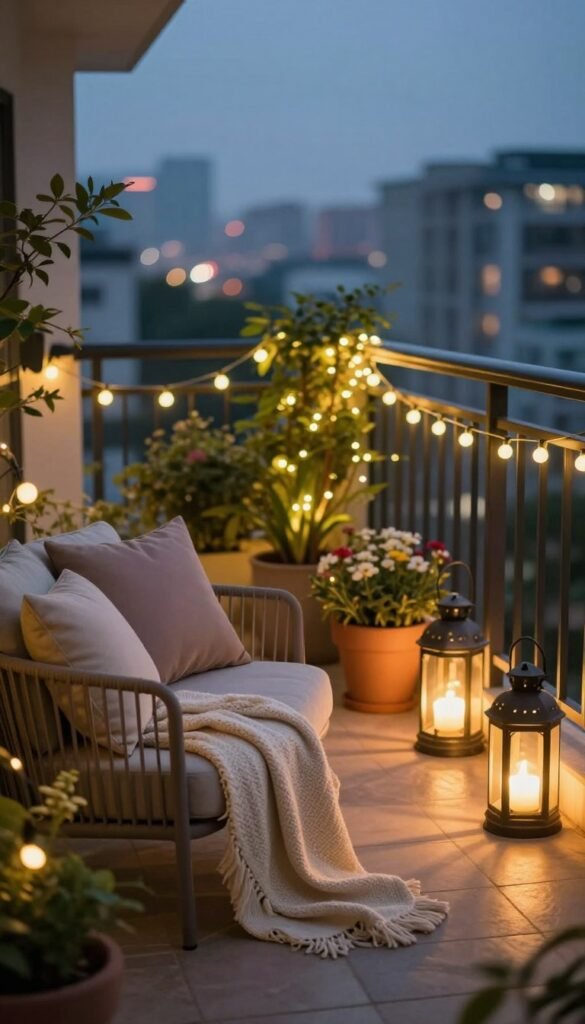 A cozy balcony scene illuminated by warm string lights and lanterns, inviting for evening relaxation. In the foreground, stylish outdoor furniture with plush cushions and a cozy throw blanket create a welcoming atmosphere. The middle ground features soft glowing fairy lights intertwined with potted flowers and greenery, enhancing the natural setting. In the background, a softly blurred city skyline adds depth, suggesting a lively summer night. Capture the scene with a slightly low angle to emphasize the enchanting glow of the lights, creating a magical and intimate mood. Use soft focus to evoke a serene vibe, perfect for a lifestyle photo by CozyTrendHub.
