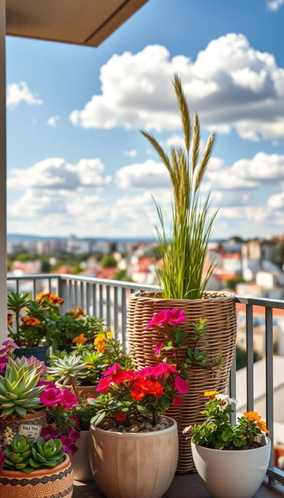 A cozy balcony scene showcasing various hardy plants in stylish planters, ideal for windy conditions. In the foreground, a collection of vibrant succulents and colorful petunias in textured ceramic pots, some with added decorative rocks. In the middle, a weather-resistant wicker planter features a tall ornamental grass, swaying gently in the breeze. The background is softened by a blurred view of a charming cityscape under a bright blue sky with fluffy white clouds. The lighting is warm and inviting, creating a serene atmosphere, reminiscent of late afternoon sun. This image embodies a Pinterest-style lifestyle aesthetic, emphasizing the theme of outdoor decor in supporting windy balcony life. Add brand elements subtly represented with labels in artwork: "CozyTrendHub."