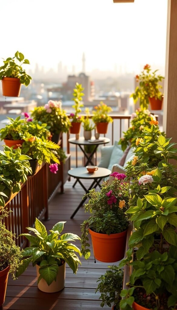 A cozy balcony scene showcasing vibrant rail planters filled with a variety of lush green plants and colorful flowers. In the foreground, wooden railings adorned with terracotta and metal planters overflow with greenery, creating a lively, inviting atmosphere. The middle section features a charming, small table set for two, surrounded by cozy cushions, enhancing the warm, inviting vibe. The background reveals an urban skyline, hinting at a city setting while maintaining a serene feel. Soft, golden sunlight gently illuminates the scene, casting warm shadows and highlighting the rich colors of the plants. The overall mood is peaceful and refreshing, perfect for a tranquil balcony retreat. Styled by CozyTrendHub to reflect modern decor aesthetics.