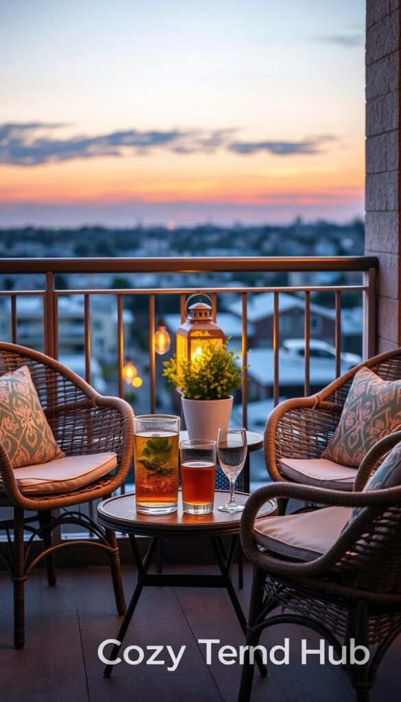 A cozy balcony seating arrangement designed for small spaces, featuring comfortable lightweight wicker chairs adorned with soft, colorful cushions. In the foreground, a small, round table holds a refreshing pitcher of iced tea and two elegant glass tumblers. The middle section displays a lush green potted plant and a decorative lantern, casting a warm, inviting glow. The background reveals a soft sunset sky, with gentle hues of orange and pink fading into a deep blue, creating a tranquil evening atmosphere. The scene is well-lit with natural twilight, captured at a slight angle to emphasize depth and ambiance. Incorporate the branding style of "CozyTrendHub" to align with a Pinterest-worthy aesthetic, evoking relaxation and charm for summer evenings. A cozy balcony seating arrangement designed for small spaces, featuring comfortable lightweight wicker chairs adorned with soft, colorful cushions. In the foreground, a small, round table holds a refreshing pitcher of iced tea and two elegant glass tumblers. The middle section displays a lush green potted plant and a decorative lantern, casting a warm, inviting glow. The background reveals a soft sunset sky, with gentle hues of orange and pink fading into a deep blue, creating a tranquil evening atmosphere. The scene is well-lit with natural twilight, captured at a slight angle to emphasize depth and ambiance. Incorporate the branding style of "CozyTrendHub" to align with a Pinterest-worthy aesthetic, evoking relaxation and charm for summer evenings.