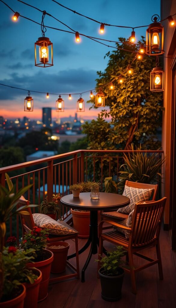 A cozy balcony setting at dusk, adorned with warm, ambient string lights gently illuminating the space. In the foreground, a small round table set with stylish wooden chairs, surrounded by vibrant potted plants and soft cushions enhancing comfort. The middle ground features a railing adorned with hanging lanterns, casting a soft glow that highlights the inviting atmosphere. In the background, a city skyline twinkles as the sun sets, framed by lush greenery. Capture this scene using a warm color palette, with a focus on the interplay of light and shadows that create a relaxing and intimate ambiance. The perspective should be eye-level, showcasing an inviting outdoor retreat, perfect for gatherings. Emphasize the lifestyle aesthetic of CozyTrendHub, evoking a serene and stylish outdoor living experience. A cozy balcony setting at dusk, adorned with warm, ambient string lights gently illuminating the space. In the foreground, a small round table set with stylish wooden chairs, surrounded by vibrant potted plants and soft cushions enhancing comfort. The middle ground features a railing adorned with hanging lanterns, casting a soft glow that highlights the inviting atmosphere. In the background, a city skyline twinkles as the sun sets, framed by lush greenery. Capture this scene using a warm color palette, with a focus on the interplay of light and shadows that create a relaxing and intimate ambiance. The perspective should be eye-level, showcasing an inviting outdoor retreat, perfect for gatherings. Emphasize the lifestyle aesthetic of CozyTrendHub, evoking a serene and stylish outdoor living experience.