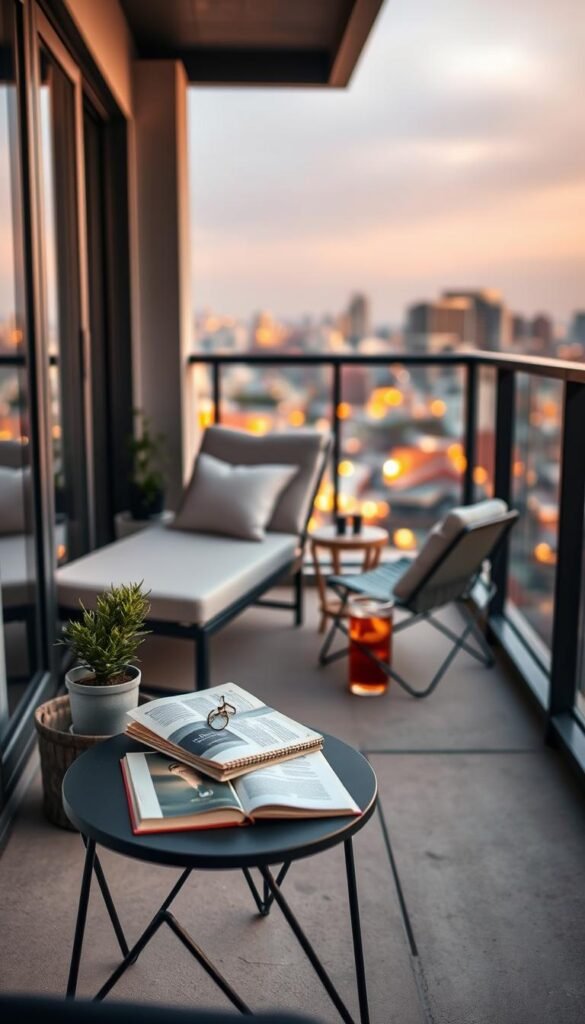 A cozy balcony setting featuring a compact outdoor side table, perfect for drinks and books. In the foreground, the stylish side table is adorned with a small potted plant, a book, and a refreshing drink, creating an inviting atmosphere. The middle space showcases a pair of comfortable, modestly dressed lounge chairs that complement the table, positioned attractively for relaxation. The background reveals a softly blurred view of a cityscape, illuminated by warm evening light, enhancing the comfort of the scene. Use a wide-angle lens to capture the essence of the small space, with natural lighting that casts gentle shadows, imparting a serene, inviting mood. The overall styling aligns with the aesthetic of "CozyTrendHub", embodying a Pinterest-inspired lifestyle.