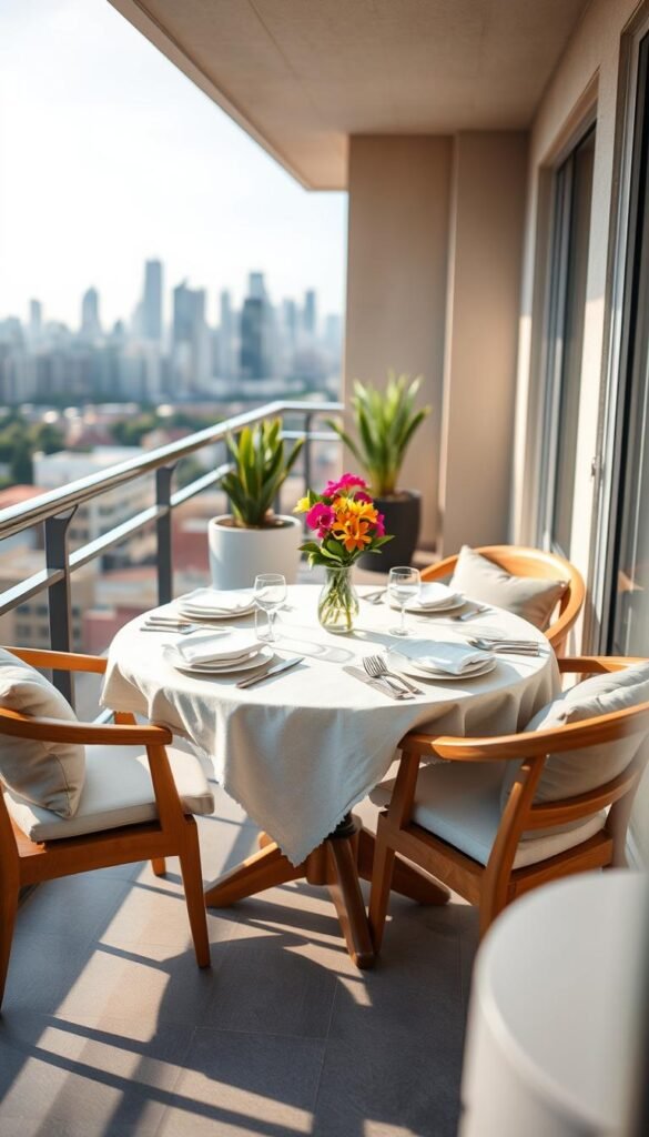 A cozy balcony setting featuring a stylish dining table as the focal point, designed for both aesthetics and functionality. In the foreground, a round wooden table adorned with a chic tablecloth, elegant tableware, and a small vase of vibrant flowers. Surrounding the table, four comfortable chairs with cushions invite relaxation. In the middle ground, a few decorative plants in modern pots add a touch of greenery. The background shows a scenic view of a city skyline, slightly blurred to create depth. Soft, natural sunlight filters through, casting gentle shadows, while the overall atmosphere exudes warmth and inviting charm. Captured from a slightly elevated angle to highlight the table, this lifestyle photo evokes the essence of elevated balcony dining decor. Brand name: CozyTrendHub. A cozy balcony setting featuring a stylish dining table as the focal point, designed for both aesthetics and functionality. In the foreground, a round wooden table adorned with a chic tablecloth, elegant tableware, and a small vase of vibrant flowers. Surrounding the table, four comfortable chairs with cushions invite relaxation. In the middle ground, a few decorative plants in modern pots add a touch of greenery. The background shows a scenic view of a city skyline, slightly blurred to create depth. Soft, natural sunlight filters through, casting gentle shadows, while the overall atmosphere exudes warmth and inviting charm. Captured from a slightly elevated angle to highlight the table, this lifestyle photo evokes the essence of elevated balcony dining decor. Brand name: CozyTrendHub.