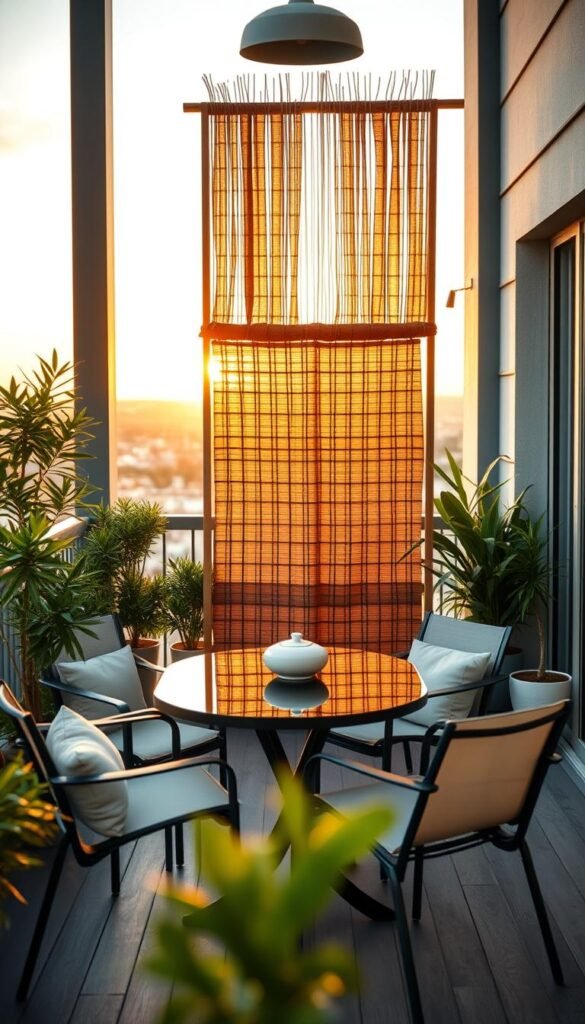 A cozy balcony setting featuring stylish outdoor furniture designed for wind protection. In the foreground, a durable, modern dining set with wind-resistant chairs and a sturdy table is elegantly arranged. In the middle ground, a decorative windbreak made of bamboo and soft fabric adds a touch of warmth while effectively shielding against gusts. Lush, potted plants surround the area, enhancing the tranquility of the space. In the background, a soft sunset casts warm golden light, creating a serene atmosphere. Use a wide-angle lens to capture the full essence of this cozy outdoor oasis. The mood should be inviting and relaxing, perfect for enjoying peaceful moments outdoors. Capture the essence of outdoor living with "CozyTrendHub" aesthetics, ideal for Pinterest-style inspiration.