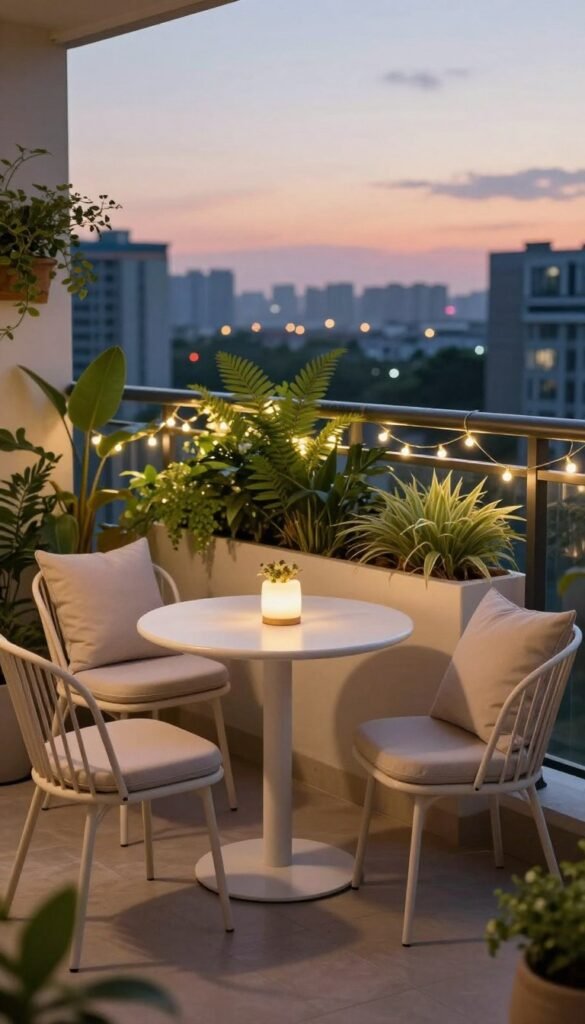 A cozy balcony setting showcasing compact seating that harmonizes with outdoor decor. In the foreground, a charming bistro table and two small, stylish chairs adorned with soft cushions in neutral tones. The middle layer features lush green plants and delicate fairy lights draped around the railing, creating a warm atmosphere. In the background, a serene view of a city skyline at twilight, with soft pastel hues reflecting the sunset. The scene is illuminated by gentle, warm lighting that evokes a sense of relaxation and comfort. The overall mood is inviting and chic, perfect for small living spaces. The styling reflects current trends, as seen on CozyTrendHub&rsquo;s Pinterest-inspired home decor boards.