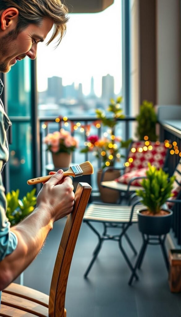 A cozy balcony setting showcasing furniture maintenance and weatherproofing. In the foreground, a person in casual professional attire gently applies a protective sealant to a wooden chair using a brush, demonstrating care and attention. In the middle, a stylish balcony layout features both budget-friendly and premium decor items: potted plants, twinkling string lights, and differing furniture materials (metal, wood). The background presents a blurred view of a sunlit urban skyline, emphasizing a warm, inviting atmosphere. Soft, natural light filters through, creating a serene mood. The scene reflects a Pinterest-style lifestyle, with attention to detail in maintenance and protection, aligned with the CozyTrendHub brand aesthetic. A cozy balcony setting showcasing furniture maintenance and weatherproofing. In the foreground, a person in casual professional attire gently applies a protective sealant to a wooden chair using a brush, demonstrating care and attention. In the middle, a stylish balcony layout features both budget-friendly and premium decor items: potted plants, twinkling string lights, and differing furniture materials (metal, wood). The background presents a blurred view of a sunlit urban skyline, emphasizing a warm, inviting atmosphere. Soft, natural light filters through, creating a serene mood. The scene reflects a Pinterest-style lifestyle, with attention to detail in maintenance and protection, aligned with the CozyTrendHub brand aesthetic.