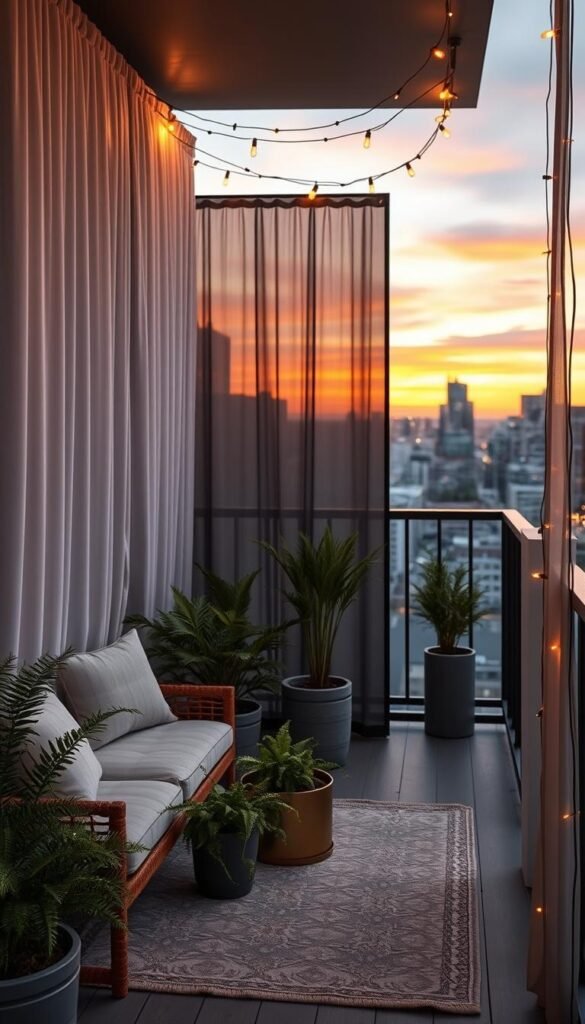 A cozy balcony setting that emphasizes privacy and shade, featuring elegant, semi-transparent privacy screens gently swaying in the breeze. In the foreground, a warm, inviting seating area with plush cushions in neutral tones, surrounded by potted greenery like ferns and tall grasses for a touch of nature. In the middle ground, a stylish outdoor rug anchors the space, while fairy lights are delicately draped overhead, casting a soft, enchanting glow. The background reveals a serene cityscape at sunset, with warm orange and pink hues illuminating the evening sky. The overall atmosphere is tranquil and inviting, perfect for relaxation. Capture this lifestyle scene in natural ambient light, with a slight angle that showcases the depth and charm of the balcony's decor, inspired by CozyTrendHub. A cozy balcony setting that emphasizes privacy and shade, featuring elegant, semi-transparent privacy screens gently swaying in the breeze. In the foreground, a warm, inviting seating area with plush cushions in neutral tones, surrounded by potted greenery like ferns and tall grasses for a touch of nature. In the middle ground, a stylish outdoor rug anchors the space, while fairy lights are delicately draped overhead, casting a soft, enchanting glow. The background reveals a serene cityscape at sunset, with warm orange and pink hues illuminating the evening sky. The overall atmosphere is tranquil and inviting, perfect for relaxation. Capture this lifestyle scene in natural ambient light, with a slight angle that showcases the depth and charm of the balcony's decor, inspired by CozyTrendHub.