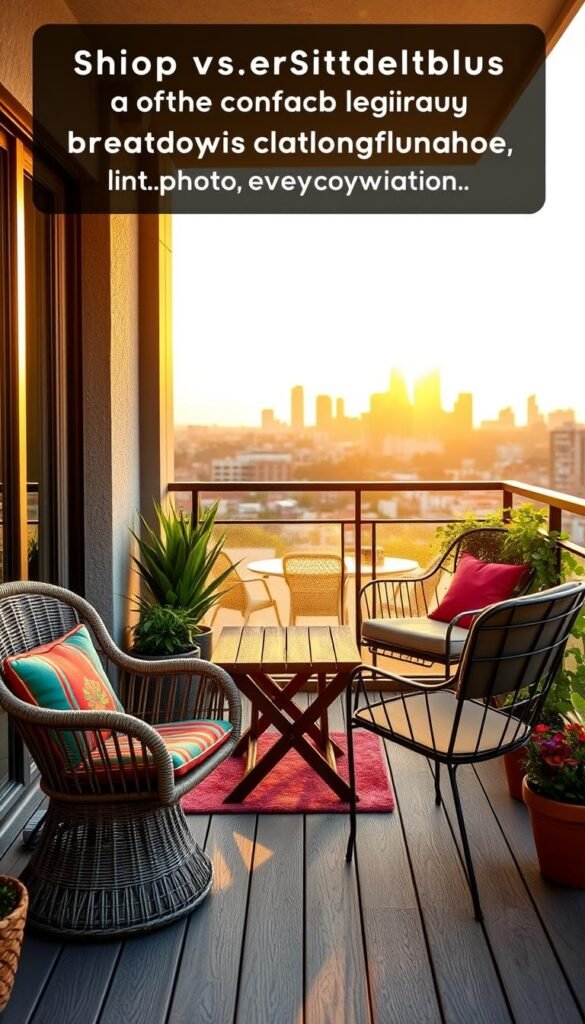A cozy balcony setup showcasing a contrast between cheap and premium seating options for small layouts. In the foreground, a vibrant, budget-friendly wicker chair adorned with colorful cushions sits next to an elegant, modern metal lounge chair with plush upholstery. The middle ground features a small, rustic wooden table, ideal for casual gatherings, flanked by potted plants to add greenery. In the background, the city skyline glimmers under a warm, golden sunset, with soft, natural lighting creating a welcoming atmosphere. The scene is styled as a Pinterest-worthy lifestyle photo, reflecting the brand CozyTrendHub, inviting comfort and charm for any outdoor space. A cozy balcony setup showcasing a contrast between cheap and premium seating options for small layouts. In the foreground, a vibrant, budget-friendly wicker chair adorned with colorful cushions sits next to an elegant, modern metal lounge chair with plush upholstery. The middle ground features a small, rustic wooden table, ideal for casual gatherings, flanked by potted plants to add greenery. In the background, the city skyline glimmers under a warm, golden sunset, with soft, natural lighting creating a welcoming atmosphere. The scene is styled as a Pinterest-worthy lifestyle photo, reflecting the brand CozyTrendHub, inviting comfort and charm for any outdoor space.