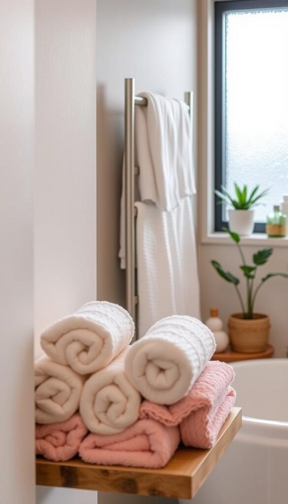 A cozy bathroom scene featuring stylish towel wall storage solutions, arranged elegantly against a soft, neutral-toned wall. In the foreground, showcase fluffy towels in various pastel colors, neatly rolled and securely placed on a rustic wooden shelf. The middle ground highlights a sleek, modern towel rack with some hanging towels, blending functionality and aesthetic appeal. In the background, subtly include potted plants and decorative elements that reflect a contemporary, organized bathroom atmosphere. Soft, natural lighting filters in through a frosted window, creating a serene and inviting mood. Capture this lifestyle setup with a slightly angled perspective to emphasize depth. This image embodies the essence of stylish and practical bathroom organization by CozyTrendHub. A cozy bathroom scene featuring stylish towel wall storage solutions, arranged elegantly against a soft, neutral-toned wall. In the foreground, showcase fluffy towels in various pastel colors, neatly rolled and securely placed on a rustic wooden shelf. The middle ground highlights a sleek, modern towel rack with some hanging towels, blending functionality and aesthetic appeal. In the background, subtly include potted plants and decorative elements that reflect a contemporary, organized bathroom atmosphere. Soft, natural lighting filters in through a frosted window, creating a serene and inviting mood. Capture this lifestyle setup with a slightly angled perspective to emphasize depth. This image embodies the essence of stylish and practical bathroom organization by CozyTrendHub.