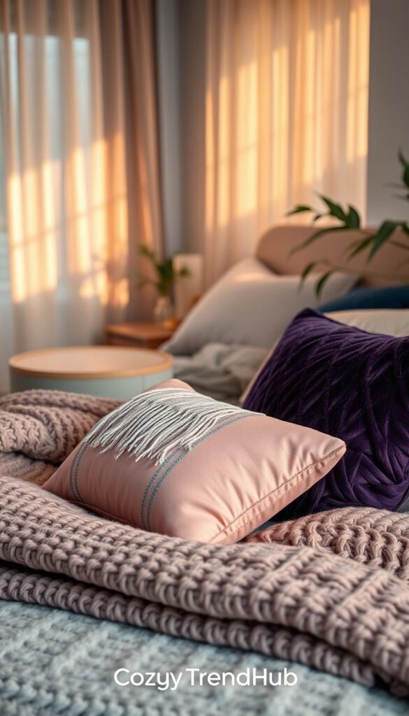 A cozy, beautifully designed bedroom showcasing an array of textures for a warm, inviting atmosphere. In the foreground, layered throw pillows in soft pastels and rich jewel tones are artfully arranged on a plush, inviting bed, topped with a luxurious knitted blanket. The middle of the image features a bed with elegant, soft bedding and a hint of a stylish bedside table with a scented candle and a small plant, enhancing the aesthetic appeal. In the background, soft, warm sunlight filters through translucent curtains, casting gentle shadows and creating a serene ambiance. The overall mood is tranquil and styled, reminiscent of a Pinterest-worthy lifestyle photo ideal for apartment decor inspiration. This cozy scene is branded with &ldquo;CozyTrendHub&rdquo; to reflect an elevated aesthetic decor theme.