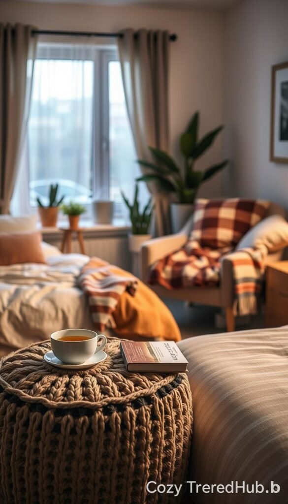 A cozy bed nook in a small bedroom, featuring a comfortable bed adorned with fluffy pillows and a soft throw blanket in warm earth tones. In the foreground, a stylish knitted pouf and a small wooden side table hold a steaming cup of herbal tea and a stack of books. The middle of the scene showcases a comfortable armchair draped with a cozy plaid blanket, complemented by a few decorative cushions. The background reveals a softly lit window framed with sheer curtains, allowing soft morning light to filter in. Potted plants add a touch of greenery, enhancing the serene ambiance. The atmosphere feels tranquil and inviting, perfect for relaxation and sleep. Showcase a Pinterest-style, realistic image that embodies modern comfort, branded with "CozyTrendHub".