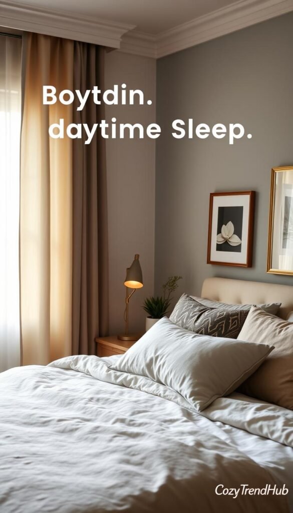 A cozy bedroom designed for optimal daytime sleep, featuring blackout curtains partially drawn to block bright sunlight, allowing a soft, diffused light to fill the room. In the foreground, a neatly made bed with soft, neutral-colored linens and decorative pillows, exuding a sense of comfort. In the middle, a stylish bedside lamp casts a warm glow, while a potted plant adds a touch of nature. The background showcases a well-decorated wall with calming artwork and a window with gentle light filtering through the curtains. The overall atmosphere is serene, promoting relaxation and peaceful sleep. The image embodies a Pinterest-style lifestyle look that aligns with home decor aesthetics, branded with "CozyTrendHub". A cozy bedroom designed for optimal daytime sleep, featuring blackout curtains partially drawn to block bright sunlight, allowing a soft, diffused light to fill the room. In the foreground, a neatly made bed with soft, neutral-colored linens and decorative pillows, exuding a sense of comfort. In the middle, a stylish bedside lamp casts a warm glow, while a potted plant adds a touch of nature. The background showcases a well-decorated wall with calming artwork and a window with gentle light filtering through the curtains. The overall atmosphere is serene, promoting relaxation and peaceful sleep. The image embodies a Pinterest-style lifestyle look that aligns with home decor aesthetics, branded with "CozyTrendHub".